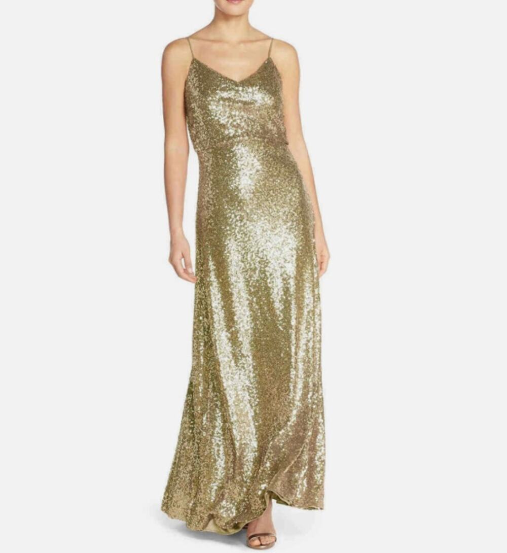 Jenny Yoo Jules Gold Sequin Blouson Gown Long Maxi Dress Women's 8 Bridesmaid